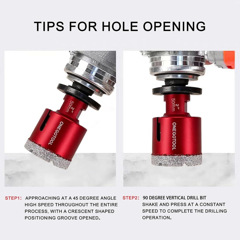 ONEGOTOOL 2 Inch（50mm） Diamond Hole Saw Tile Masonry Core Drill bits for Porcelain Ceramic Concrete Granite Marble 5/8-11 Thread for Angle Grinders and 3/8” Hex Shank - Image 5